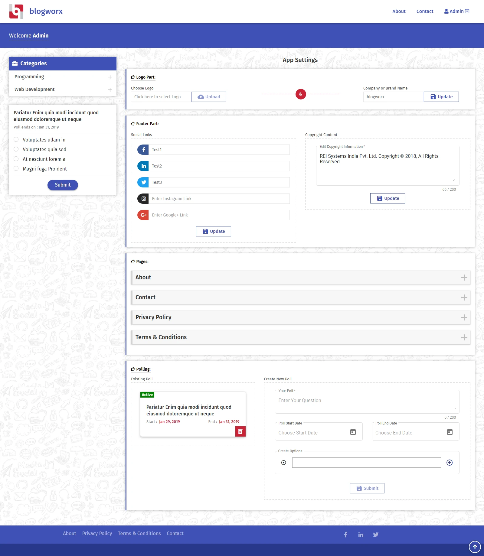 Admin settings with sections for logo, footer social links and copyright, static pages, and polls.