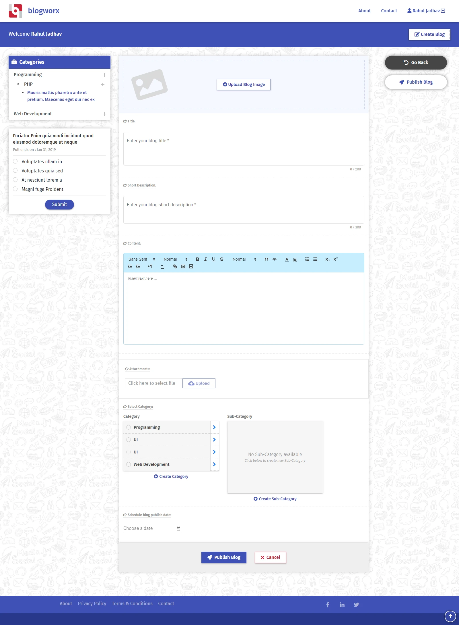 Create post form with an image upload area, title and short description fields with character counts, a rich-text editor, attachments, and category selection.