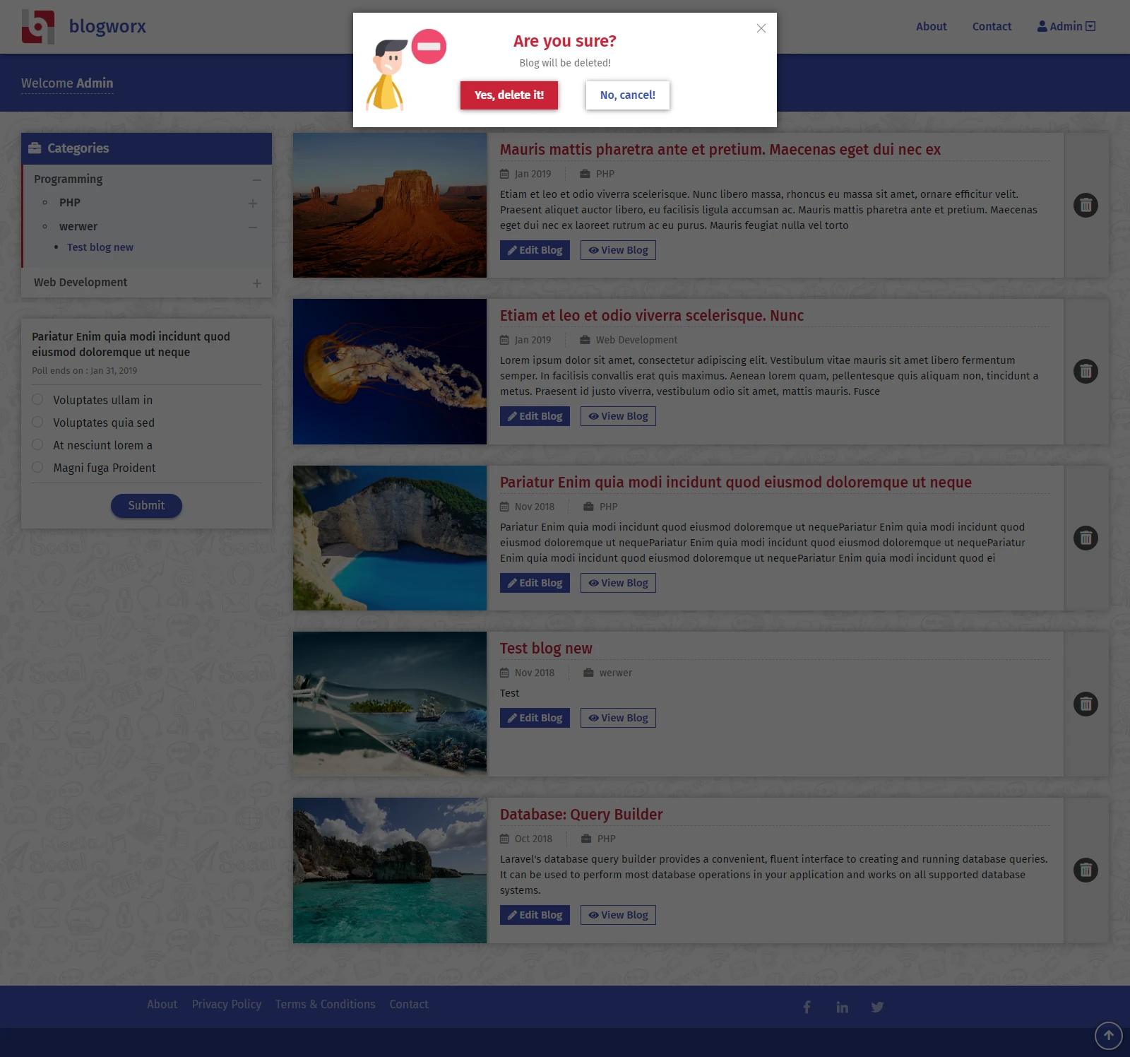 Delete confirmation dialog asking “Are you sure?” with “Yes, delete it!” and “No, cancel!” buttons over a dimmed post list.