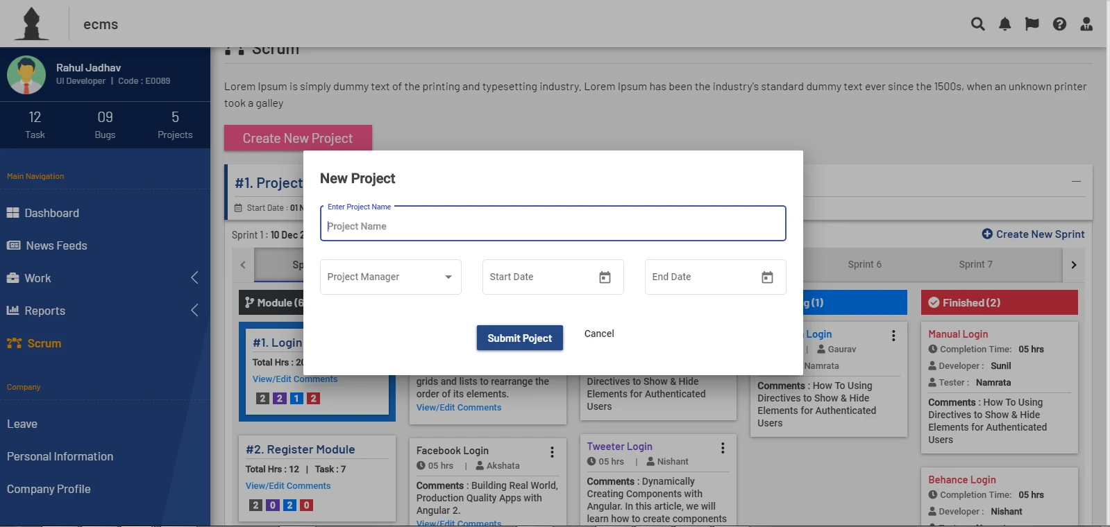 New Project dialog over the scrum board with fields for project name, project manager, start date, and end date.