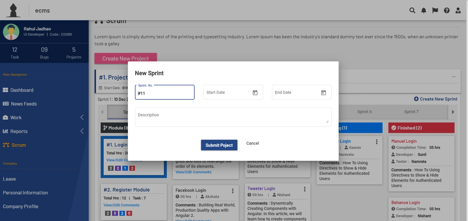 New Sprint dialog with a pre-filled sprint number, start and end dates, and a description field.
