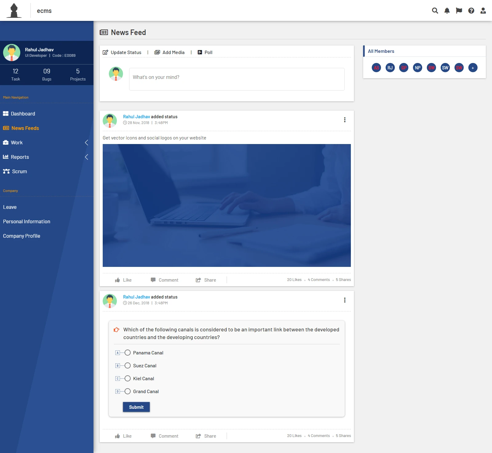 ECMS news feed with a status composer, an image post, and a multiple-choice poll, plus a members panel.