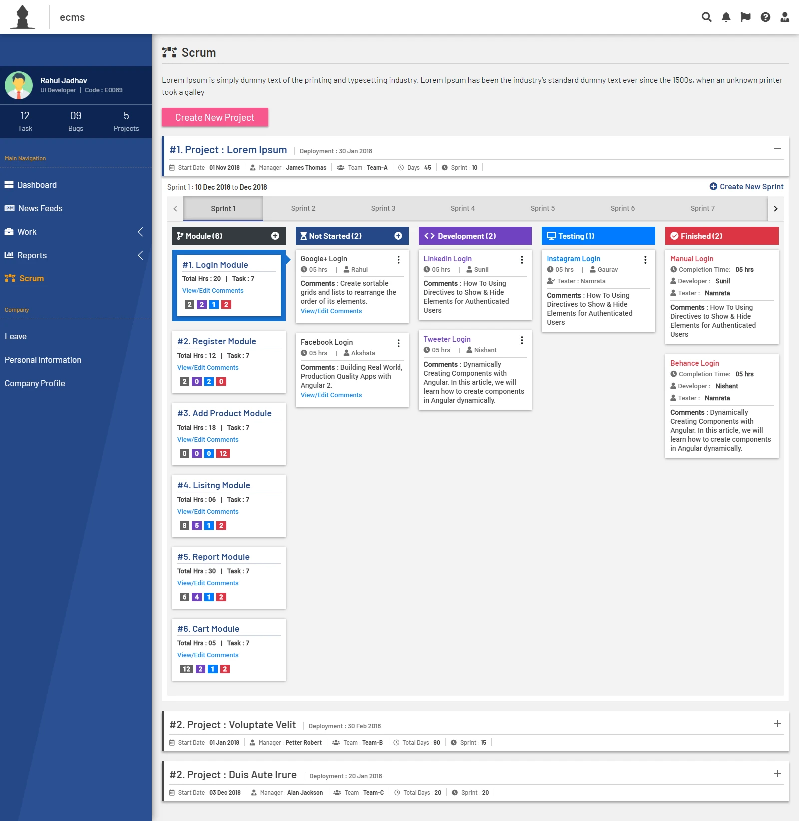 Scrum board with sprint tabs, a module list on the left, and columns for not started, development, testing, and finished.