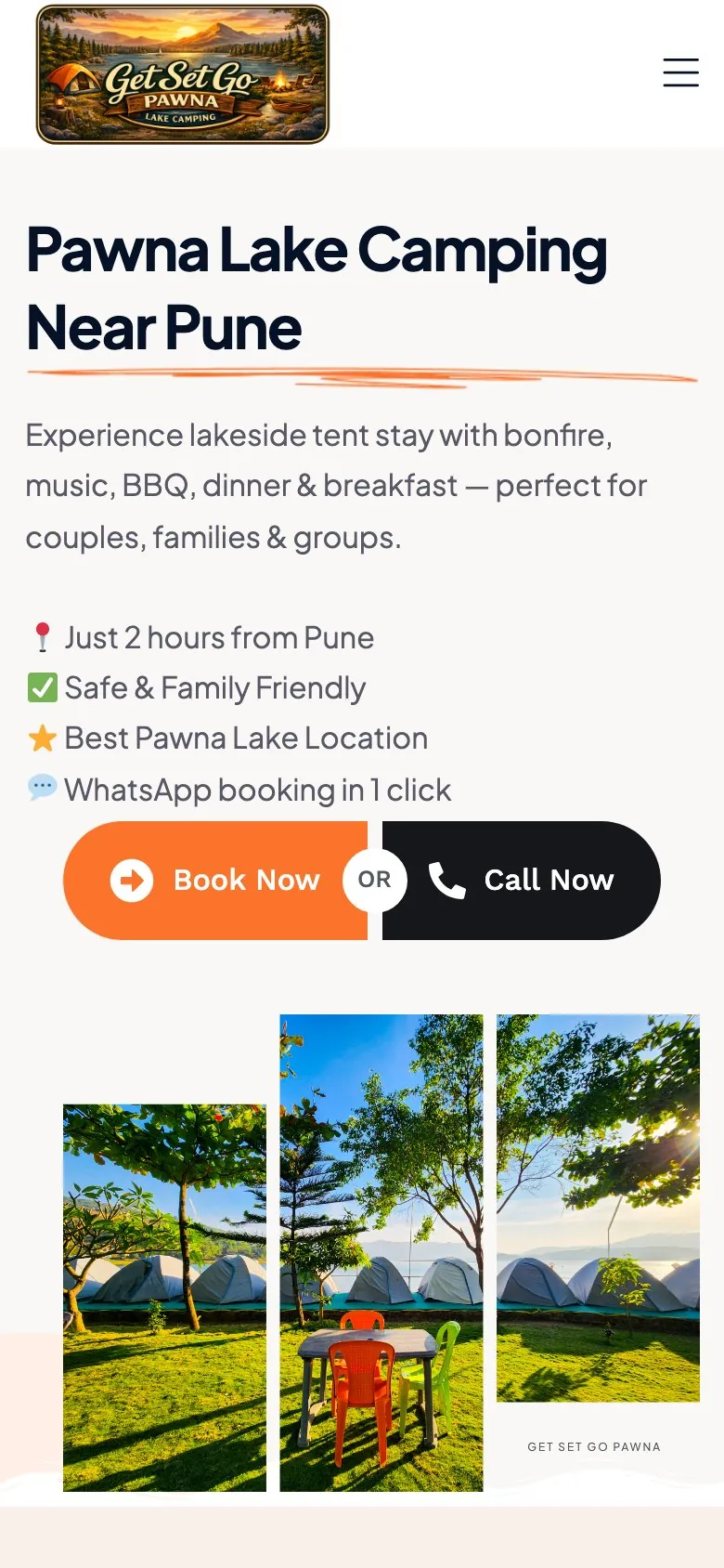 Get Set Go Pawna on a phone: logo, menu, headline, reassurance points, large Book Now and Call Now buttons, and tent photos.