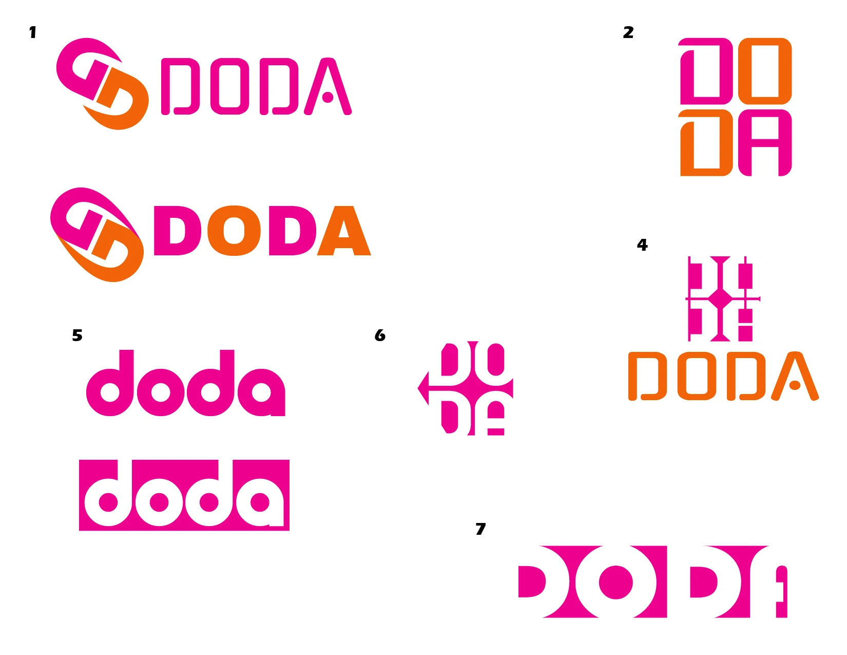 Sheet of seven numbered DODA logo concepts in red and pink, including stacked letters, ligatures, and lowercase wordmarks.