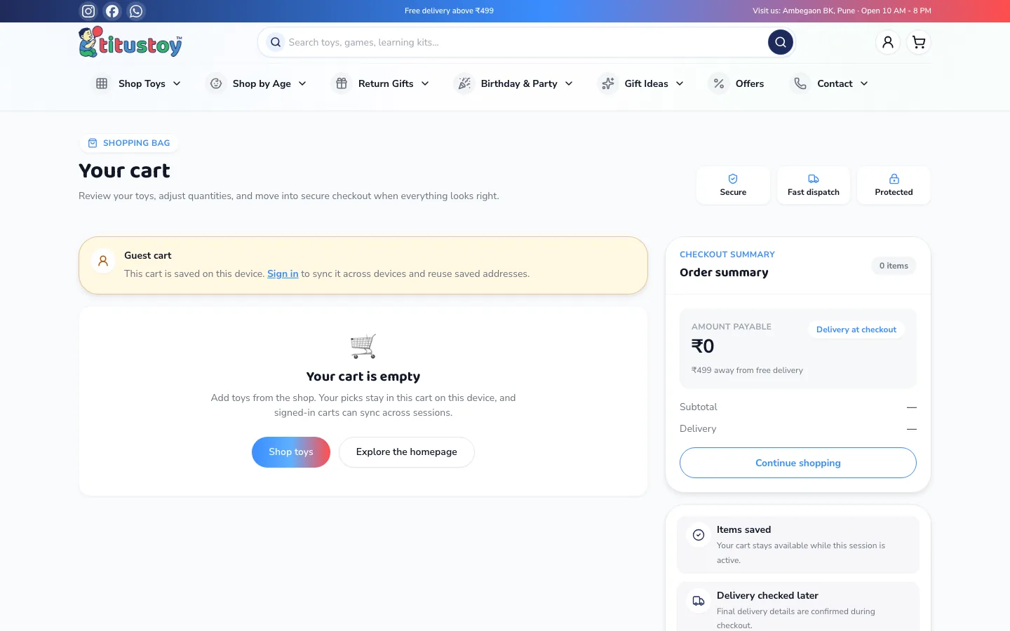 Titustoy cart page in its empty state, with a guest cart notice, an order summary, and buttons to continue shopping.