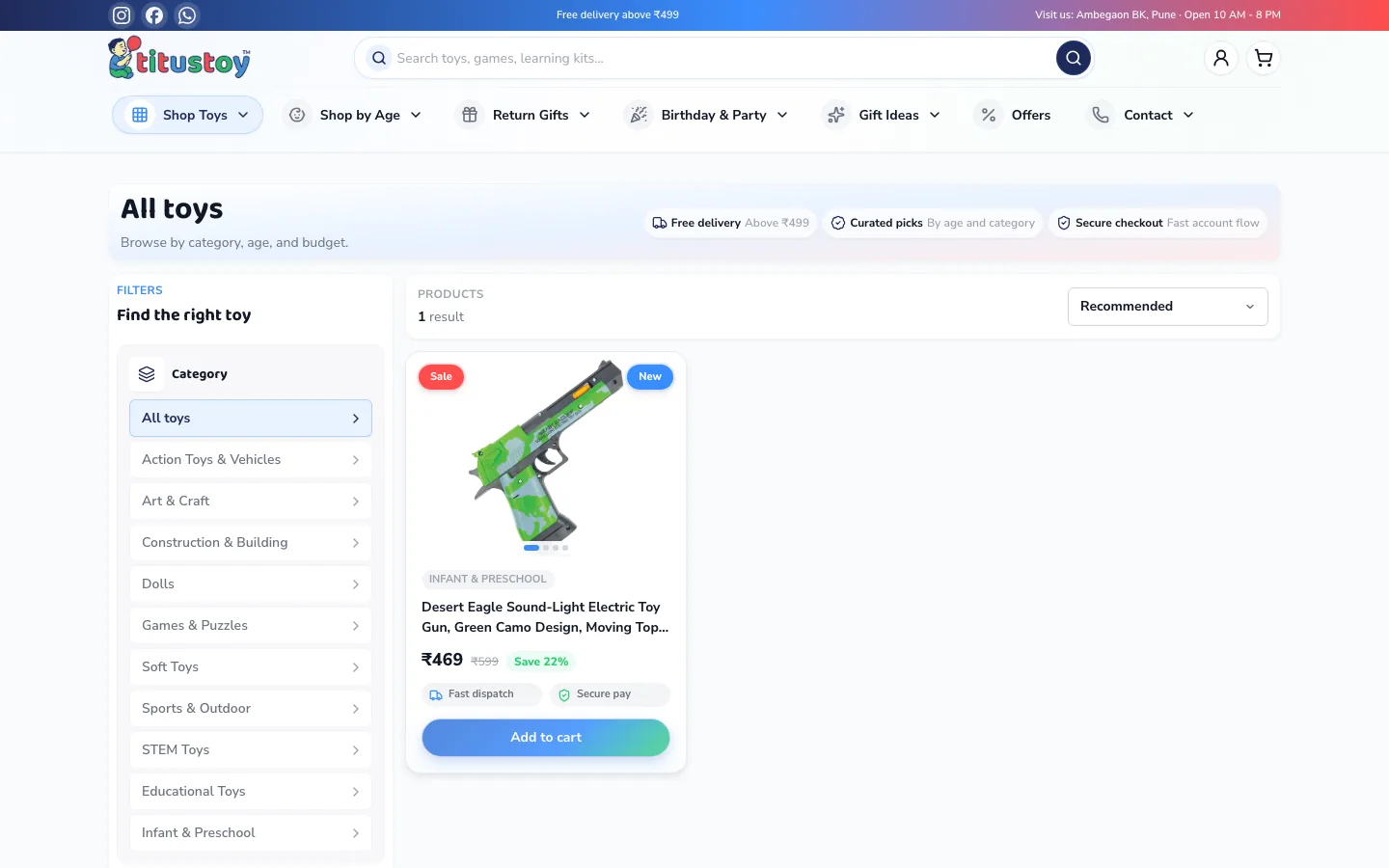 Titustoy catalog page with a category filter sidebar, sort control, and a product card showing sale price and an add-to-cart button.