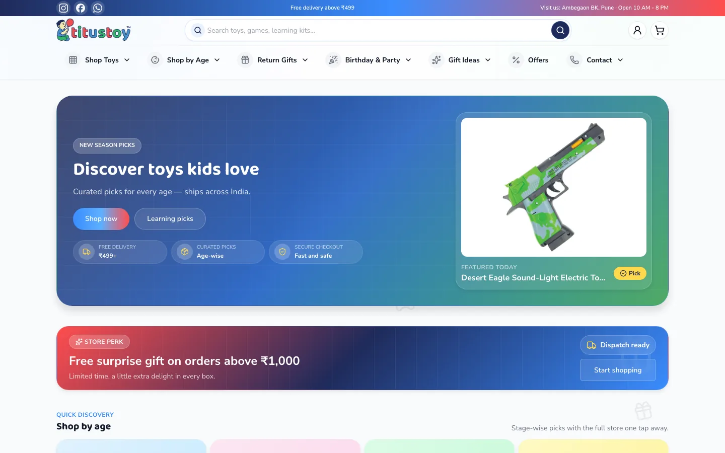 Titustoy homepage with search, category navigation, a featured product, and delivery and checkout reassurances.