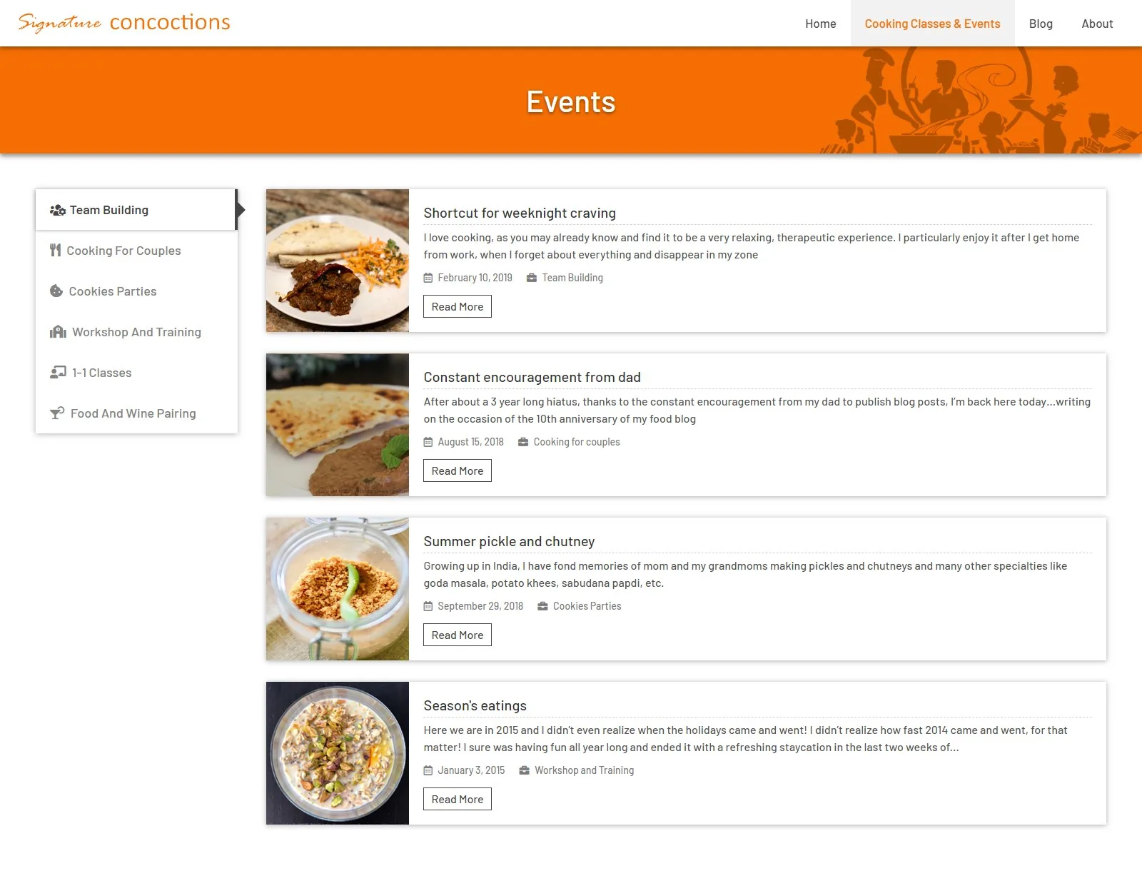 Signature Concoctions events page with a category list on the left and event cards with food photos, dates, and read-more buttons.